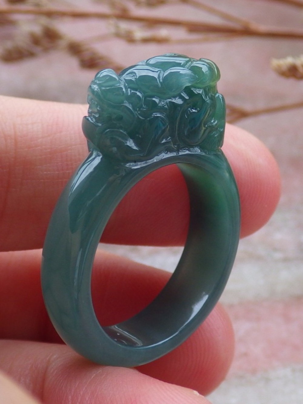 US 9 Certified Blue Water Green Yellow Natural A JADE Jadeite Dragon Pi Xiu Ring